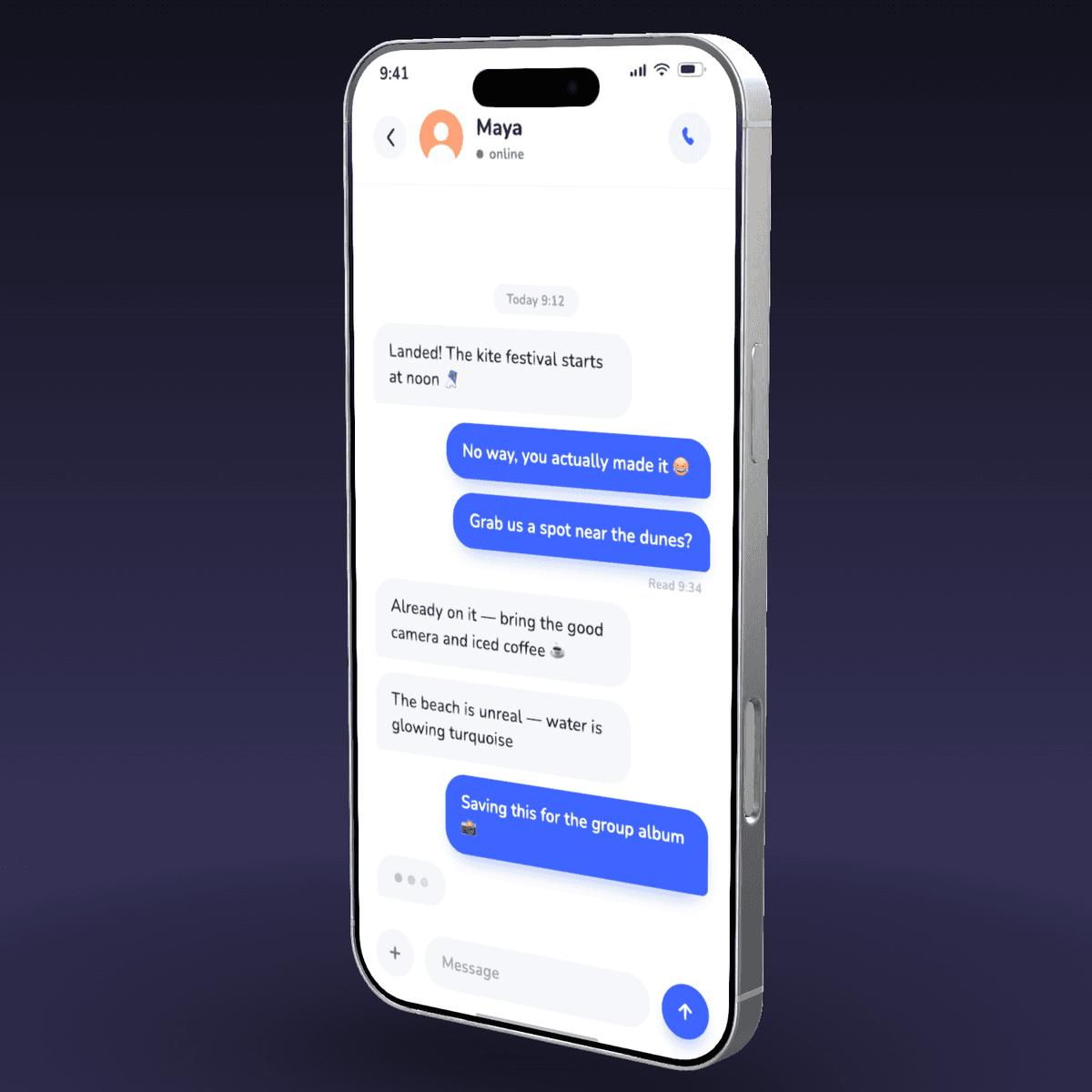 iPhone 17 Pro Max in Silver showing the Kite app, three-quarter right angle, on a dark violet gradient