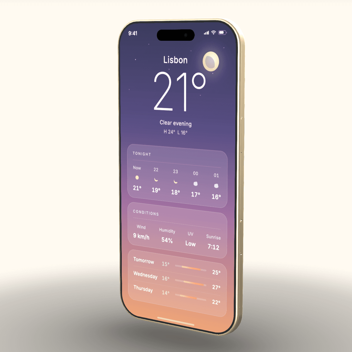 iPhone Air in Light Gold showing the Nimbus app, three-quarter right angle, on a warm cream backdrop