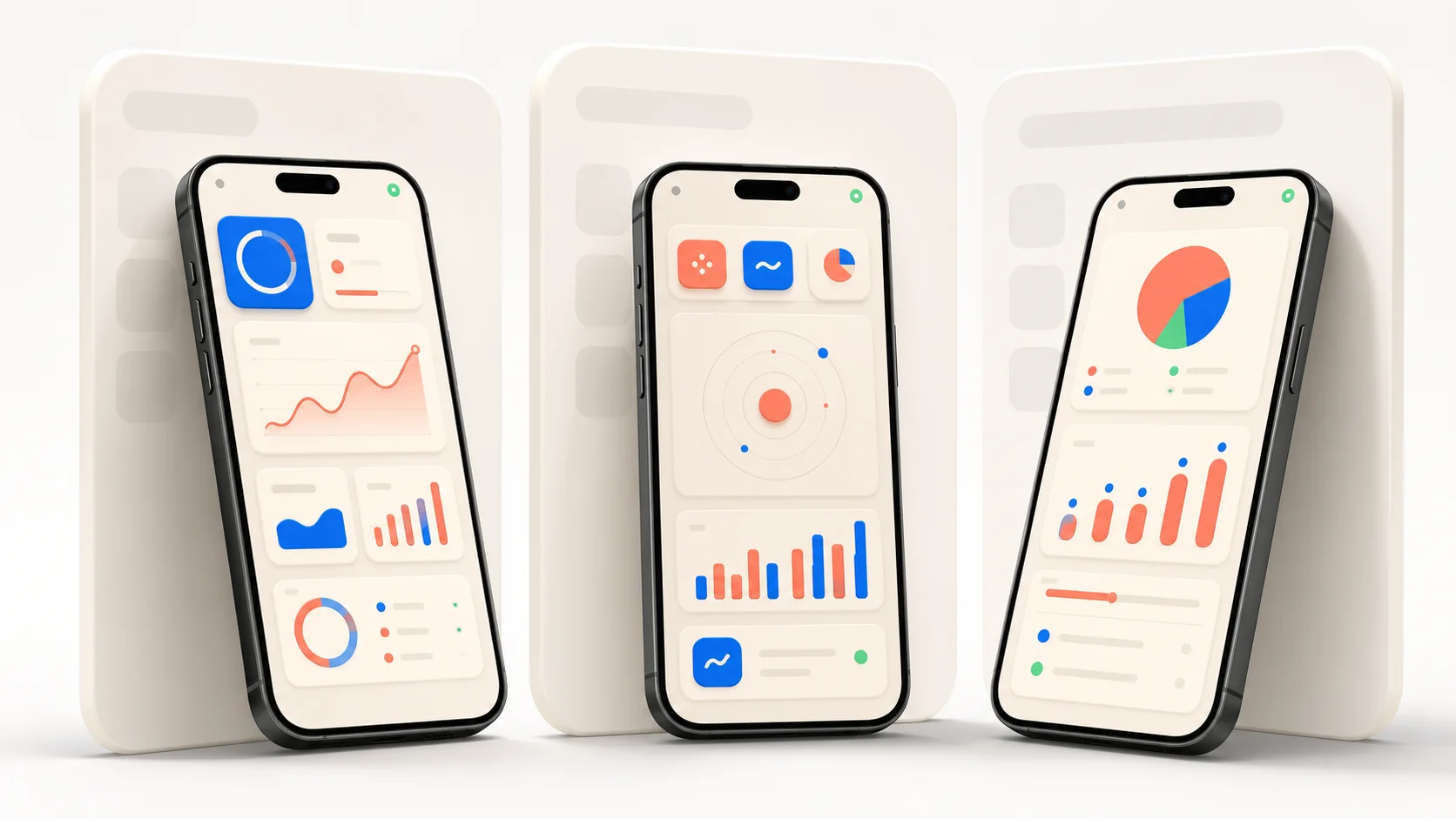 Three angled 3D phone mockups arranged like an App Store screenshot set.