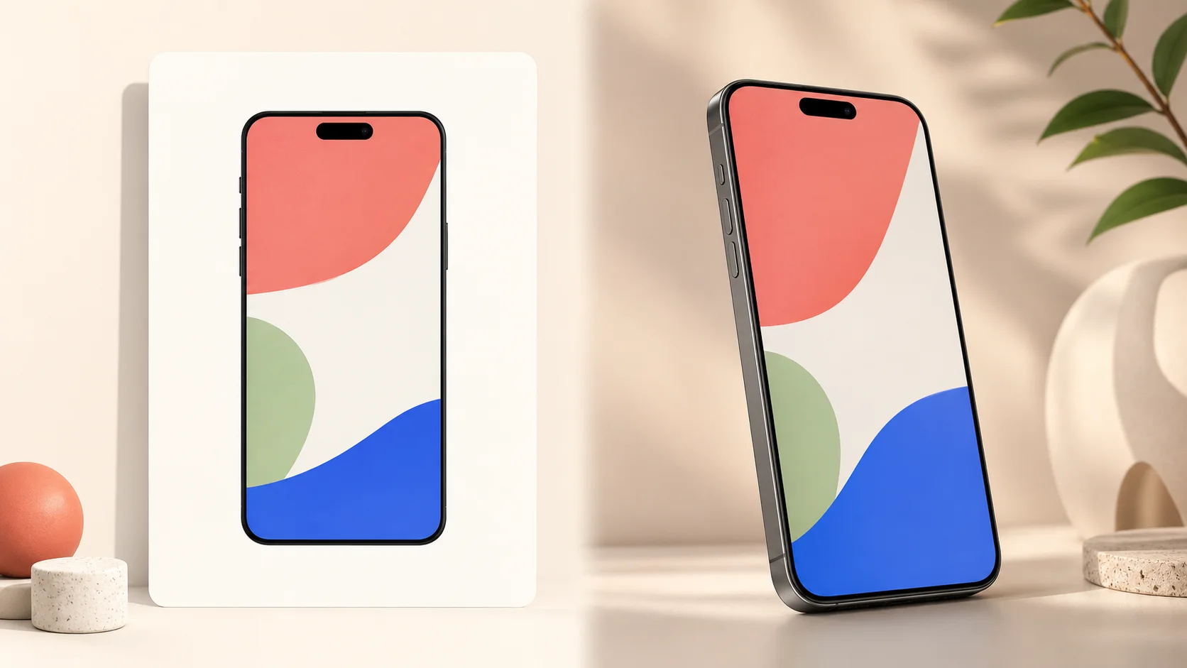 A flat phone frame beside a richer angled 3D phone mockup with realistic lighting and shadows.