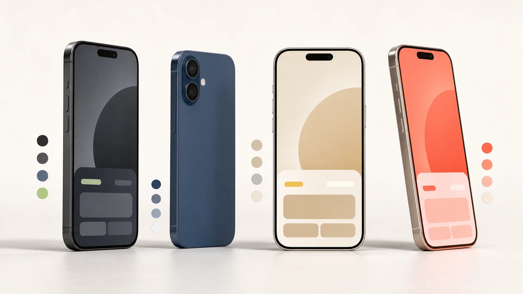 A lineup of realistic 3D phone mockups in different finishes.