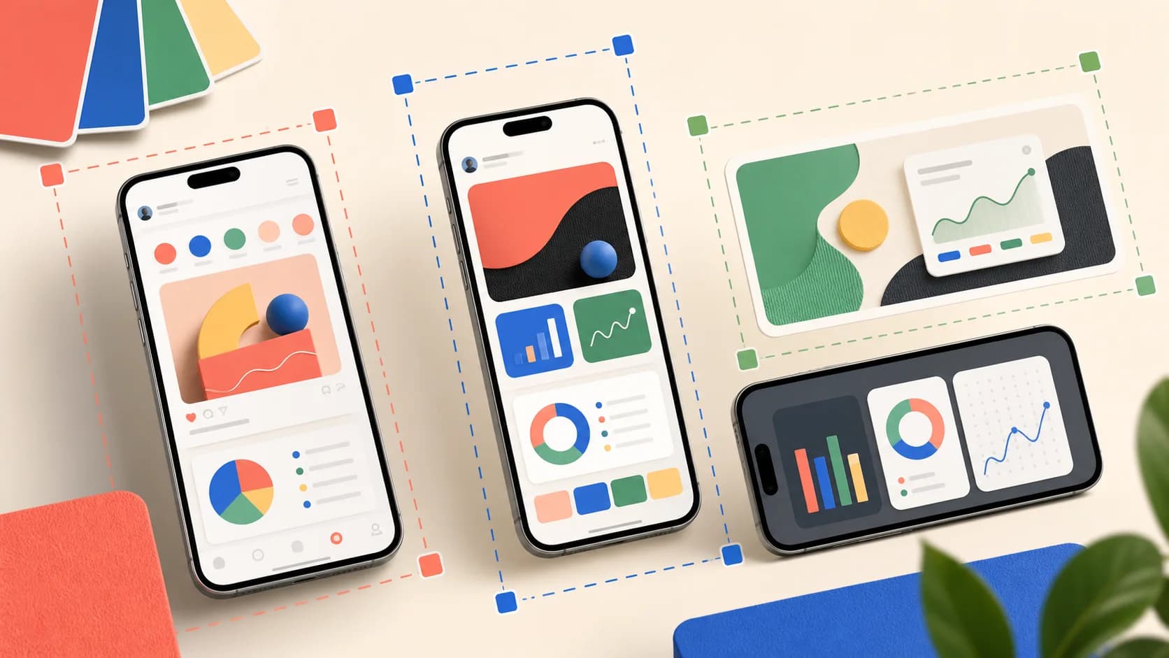 Phone mockups arranged inside square, vertical, and wide social media crop frames.